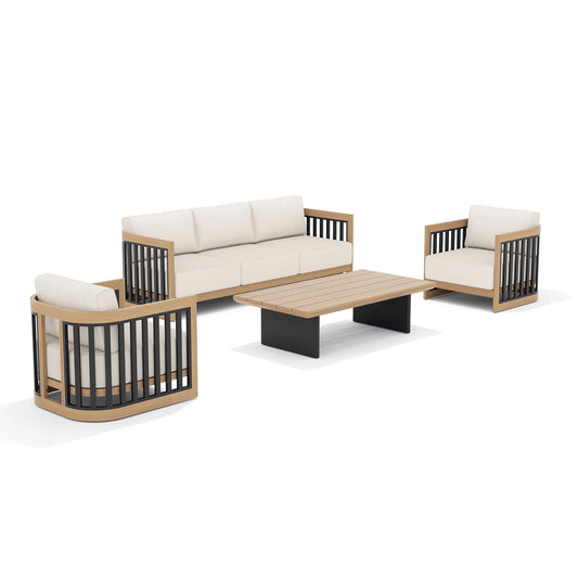 Outdoor furniture set with a sectional sofa, two chairs, and a coffee table