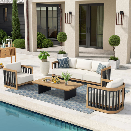 Outdoor patio set with furniture and decor by a poolside.