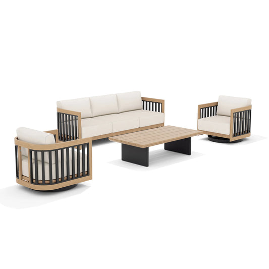 Modern outdoor furniture set with a sofa, two chairs, and a coffee table
