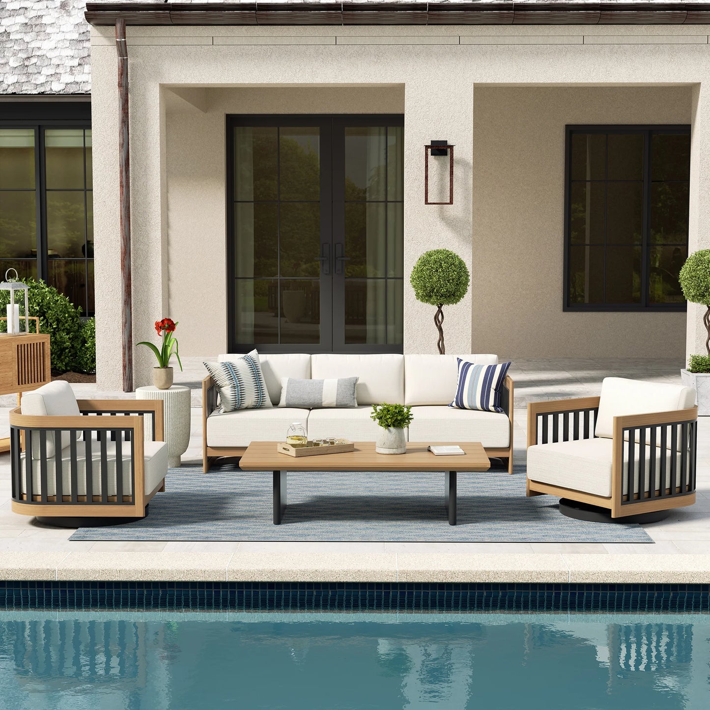 Sereno Outdoor Sofa and 2 Swivel Chairs with Rectangular Coffee Table