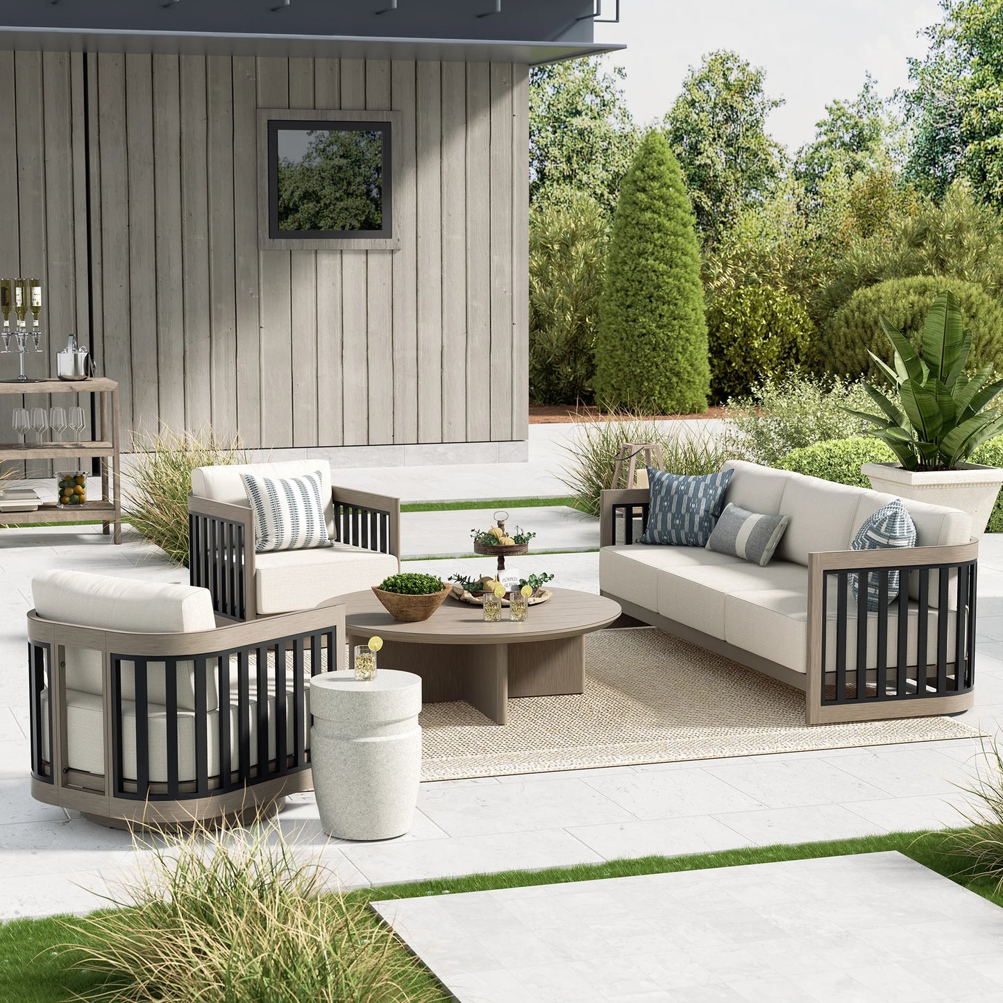 Sereno Outdoor Aluminum Sofa Set With Swivel Chairs and Round Coffee Table