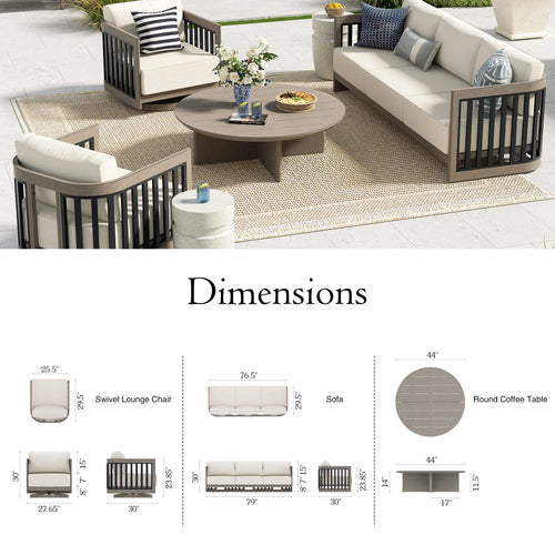 Sereno Outdoor Aluminum Sofa Set With Swivel Chairs and Round Coffee Table