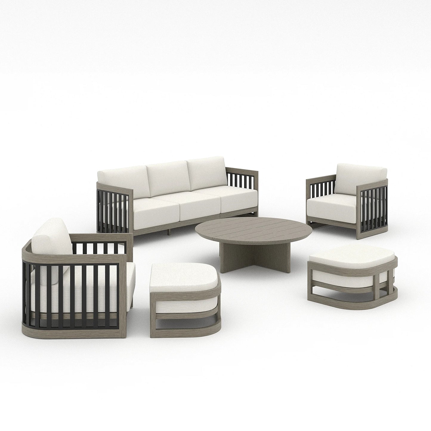 A 6-piece outdoor patio conversation set featuring a three-seat sofa, two armchairs, a round coffee table, and two ottomans, in a modern gray frame with off-white cushions, shown on a white background.