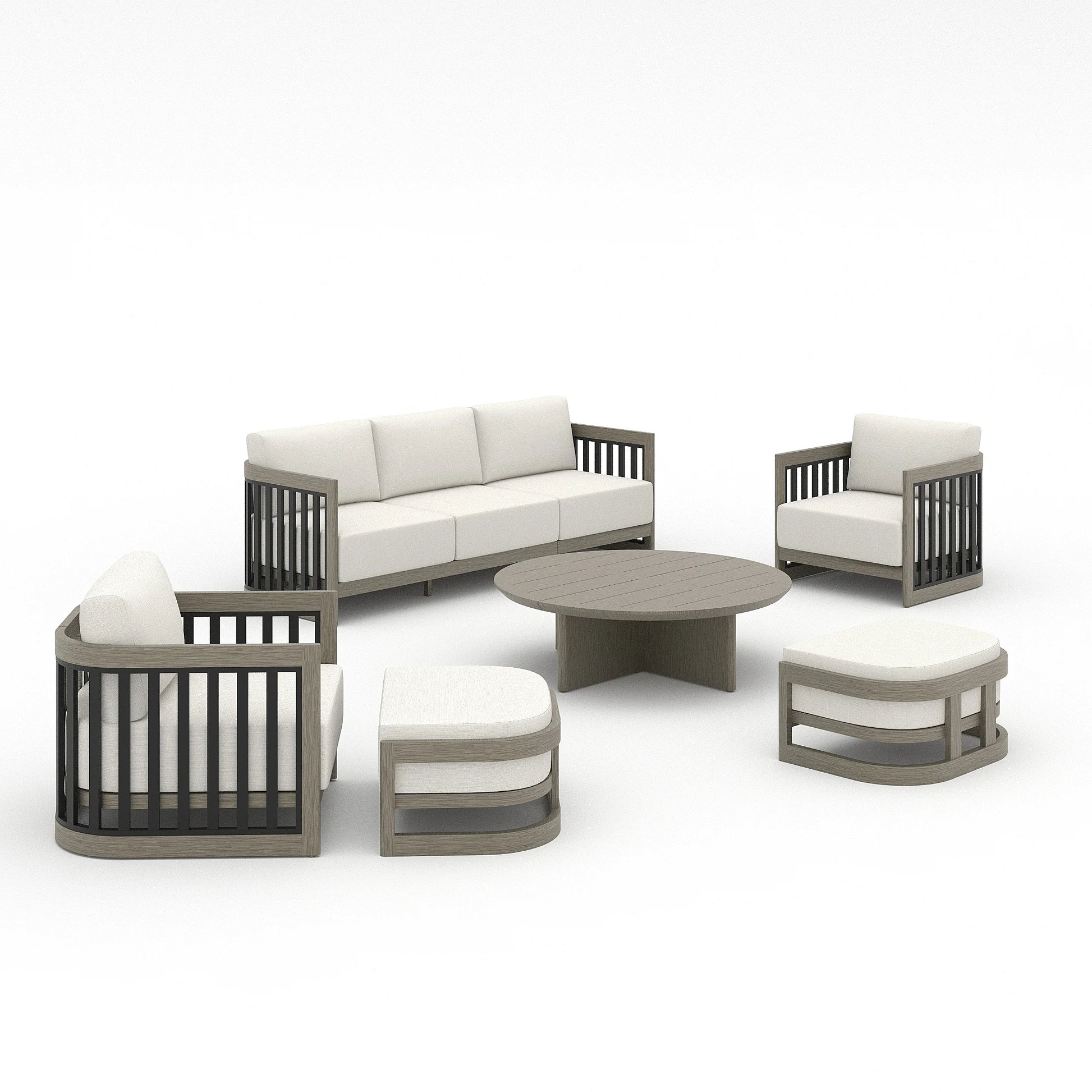 A 6-piece outdoor patio conversation set featuring a three-seat sofa, two armchairs, a round coffee table, and two ottomans, in a modern gray frame with off-white cushions, shown on a white background.