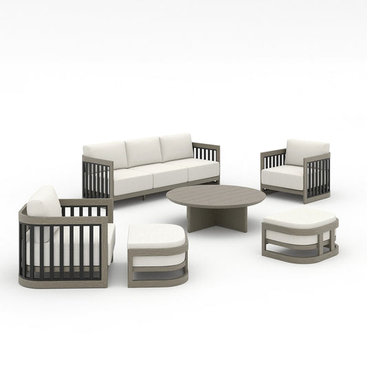 A 6-piece outdoor patio conversation set featuring a three-seat sofa, two armchairs, a round coffee table, and two ottomans, in a modern gray frame with off-white cushions, shown on a white background.