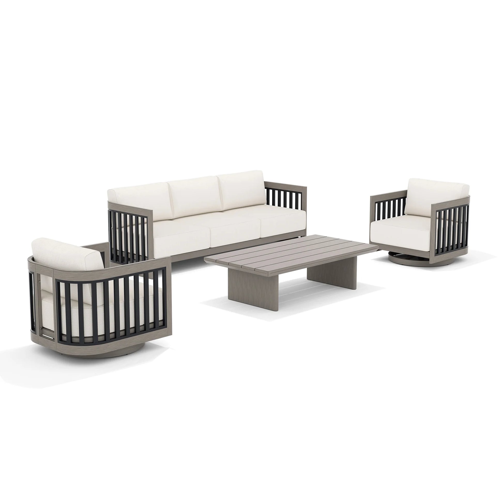 Outdoor furniture set with a sofa, two chairs, and a coffee table