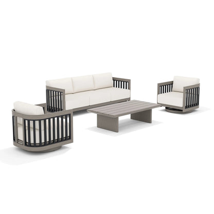 Outdoor furniture set with a sofa, two chairs, and a coffee table