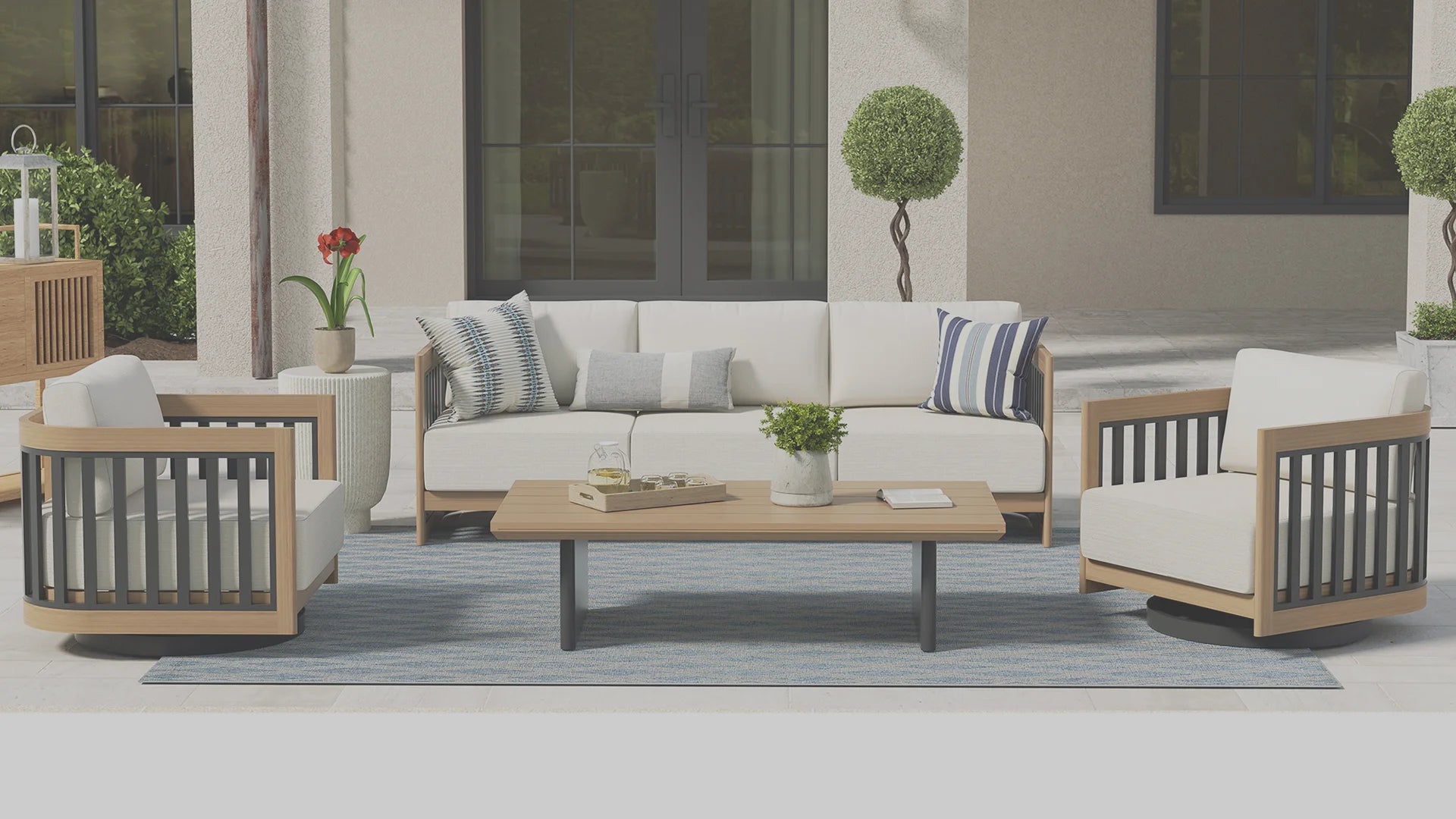 Sereno Teak Look Aluminum Patio Sofa Set With Swivel Chairs