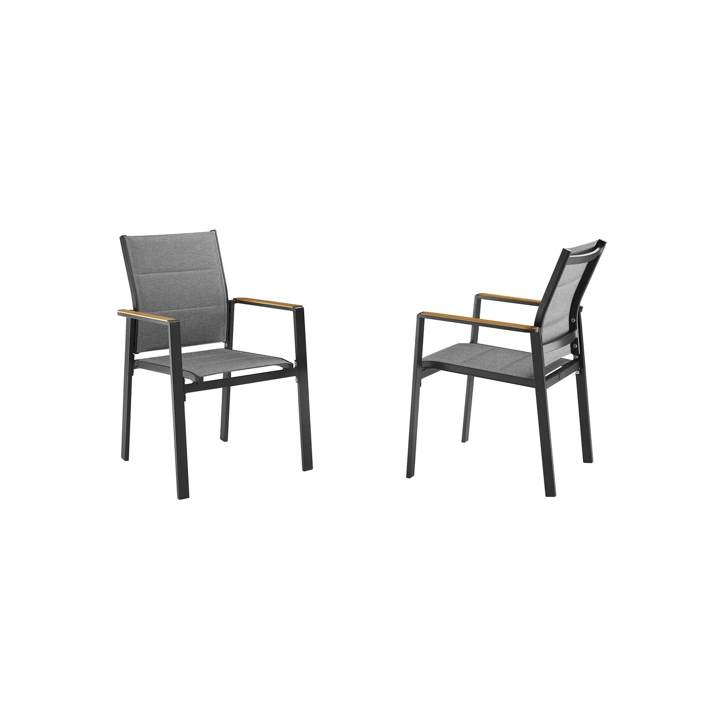 Slam Stackable Patio Aluminum Textilene Dining Chair With Teak Armrests and Foam Padded Set of 2
