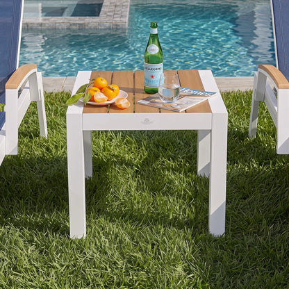 White frame square outdoor side table with teak wood slatted top, weatherproof pool patio end table