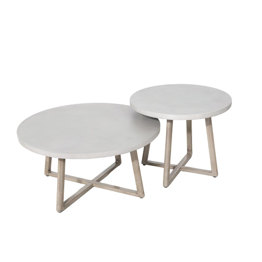 Two round coffee tables with light wood legs 