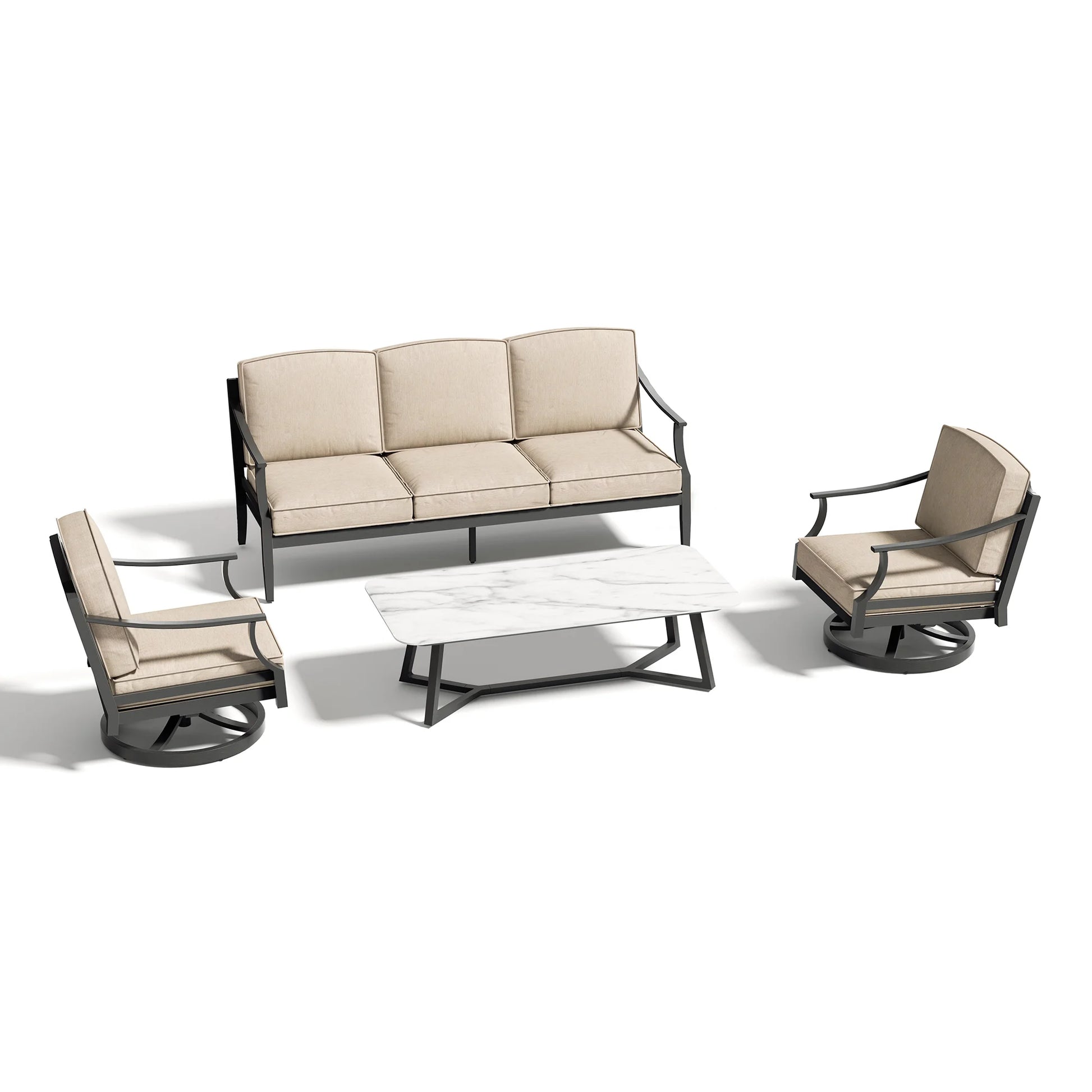 Outdoor furniture set with a sofa, two chairs, and a table on a white background