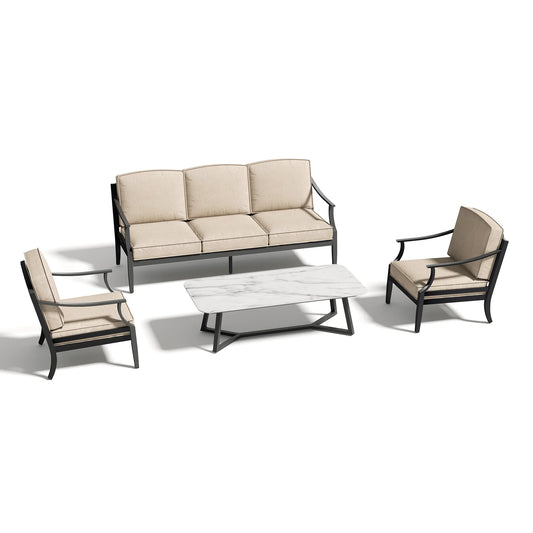 Outdoor furniture set with a sofa, two chairs, and a coffee table on a white background