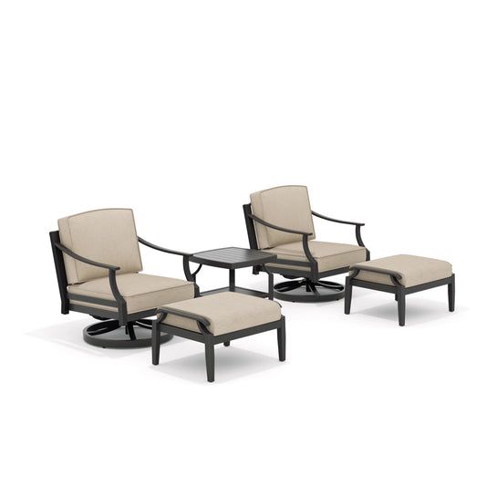 Outdoor furniture set with two swivel chairs, ottoman, and side table