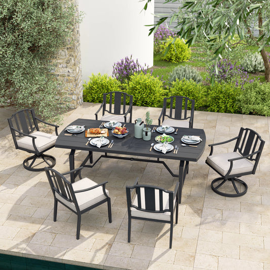 Outdoor dining set with table and chairs on a patio