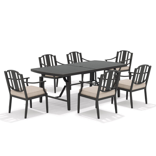 Dining table set with six chairs on a white background