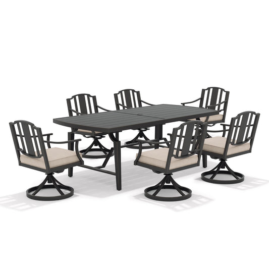 Outdoor dining set with a table and six chairs on a white background