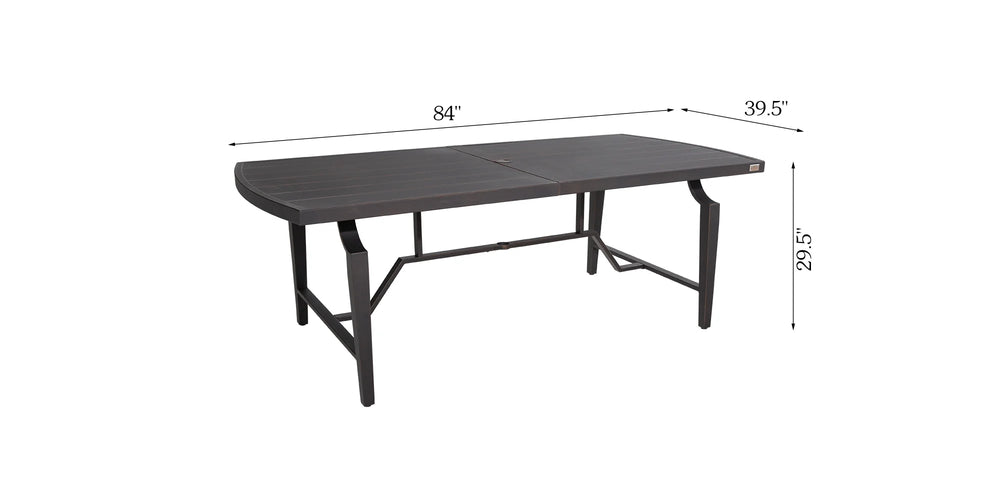 Black outdoor table with dimensions labeled on a white background