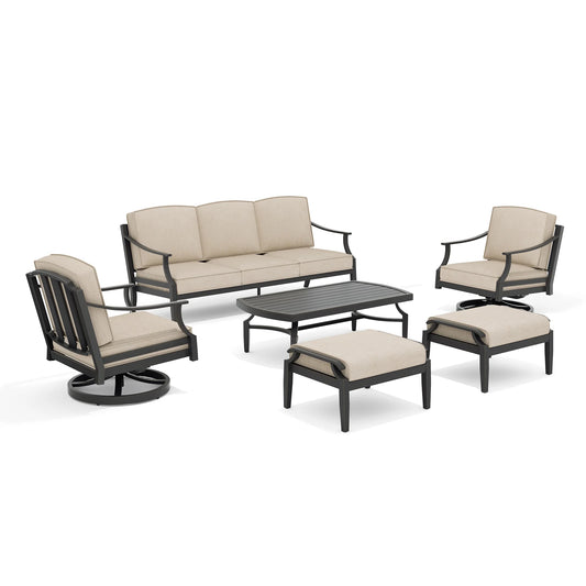 Outdoor furniture set with beige cushions on a white background