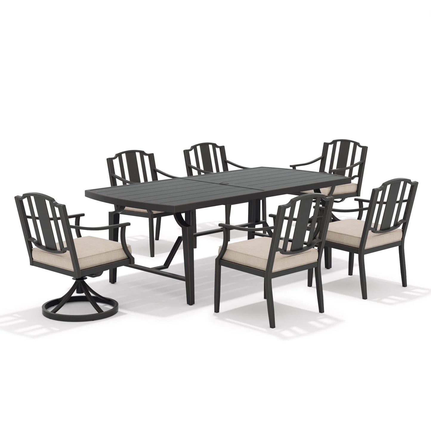 Outdoor dining set with a table and six chairs on a white background