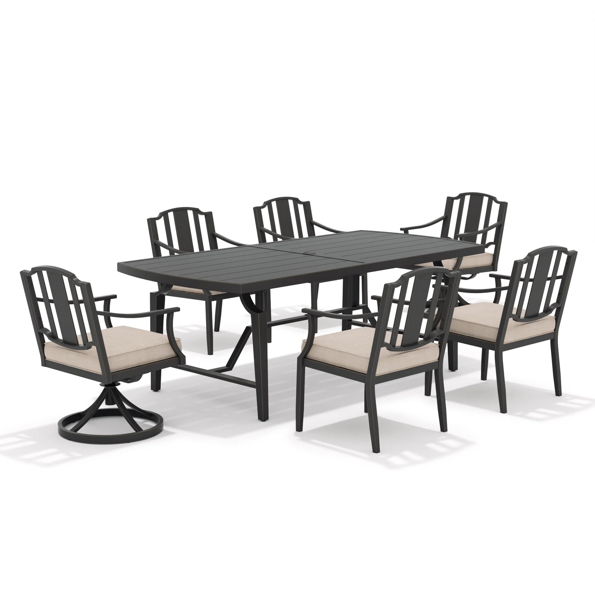 Outdoor dining set with a table and six chairs on a white background