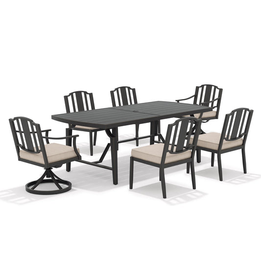 Outdoor dining set with a rectangular table and six chairs on a white background