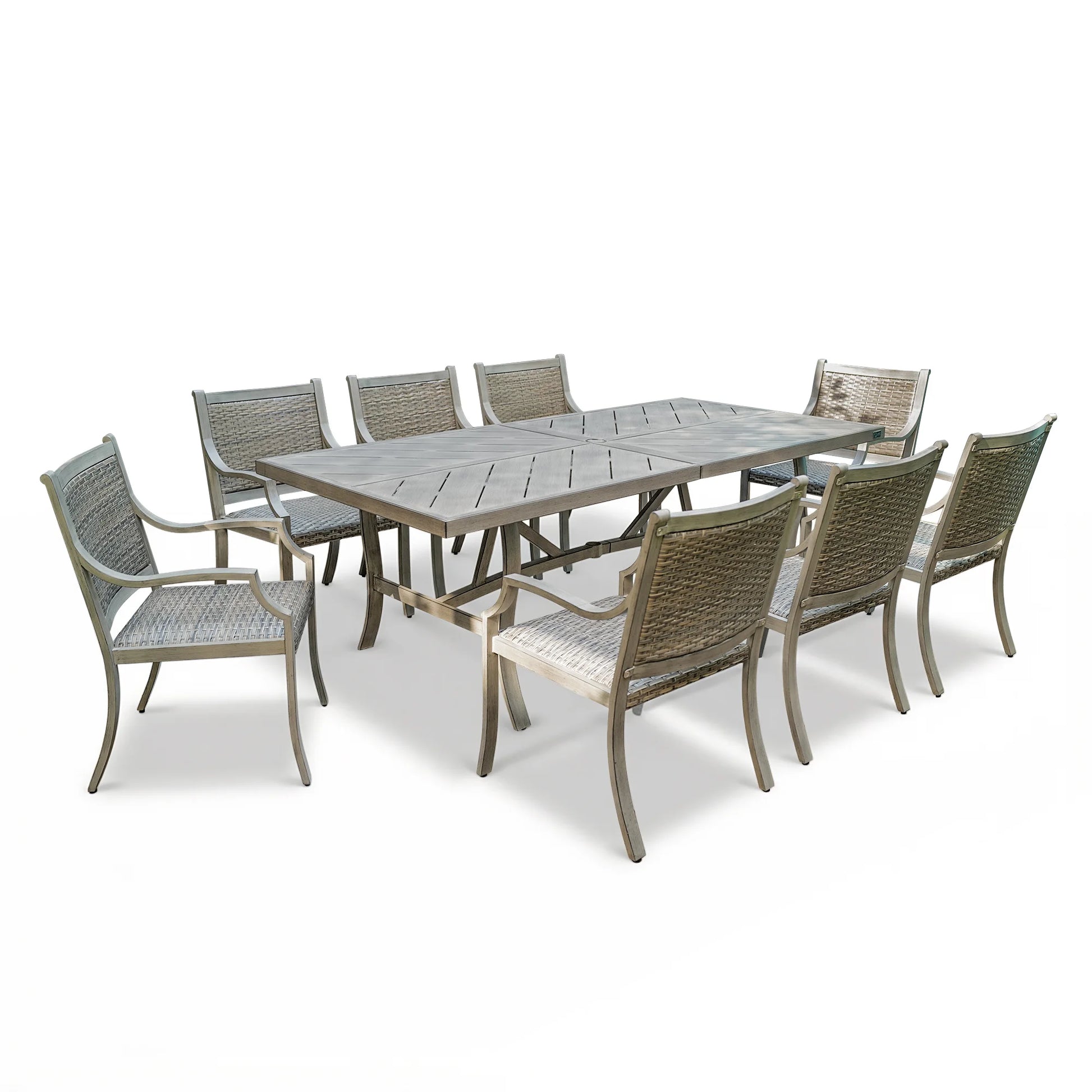 Outdoor dining set with a rectangular table and eight chairs on a white background
