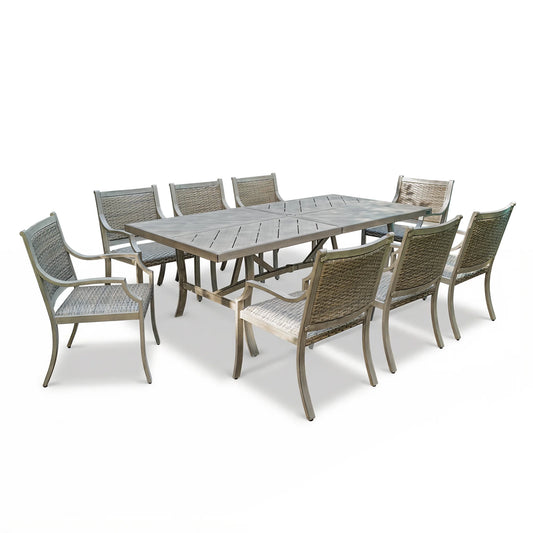Outdoor dining set with a rectangular table and eight chairs on a white background