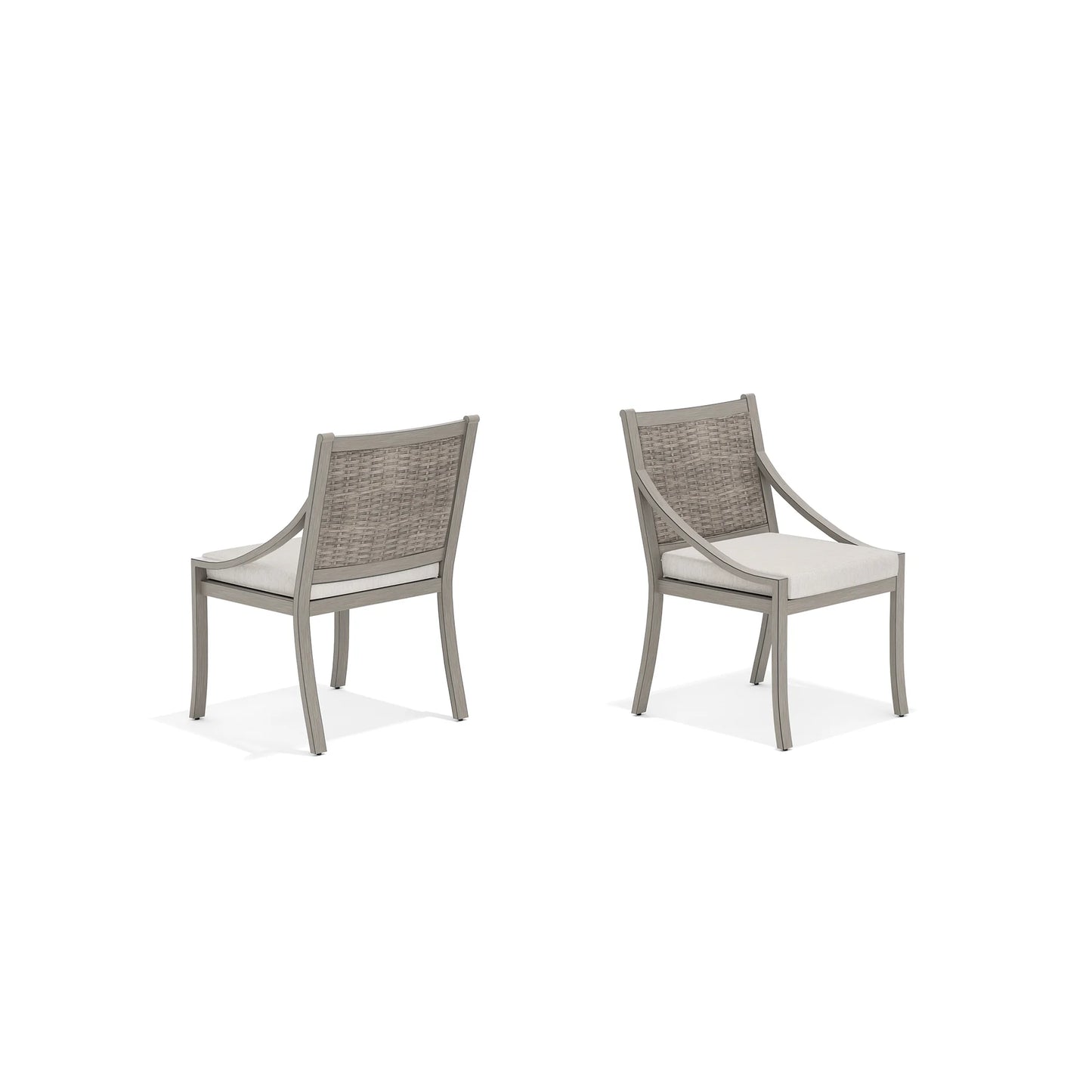 Two gray outdoor chairs with white cushions 