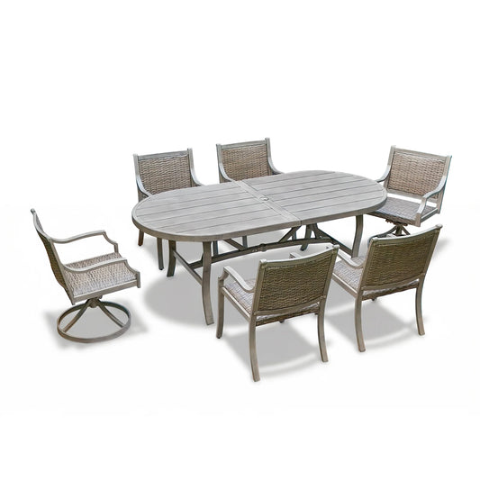 Outdoor dining set with a table and six chairs on a white background