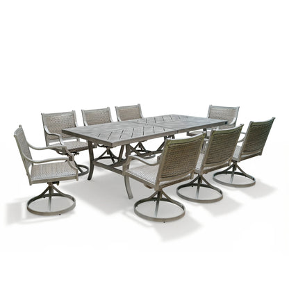 Outdoor dining set with a rectangular table and eight swivel chairs on a white background