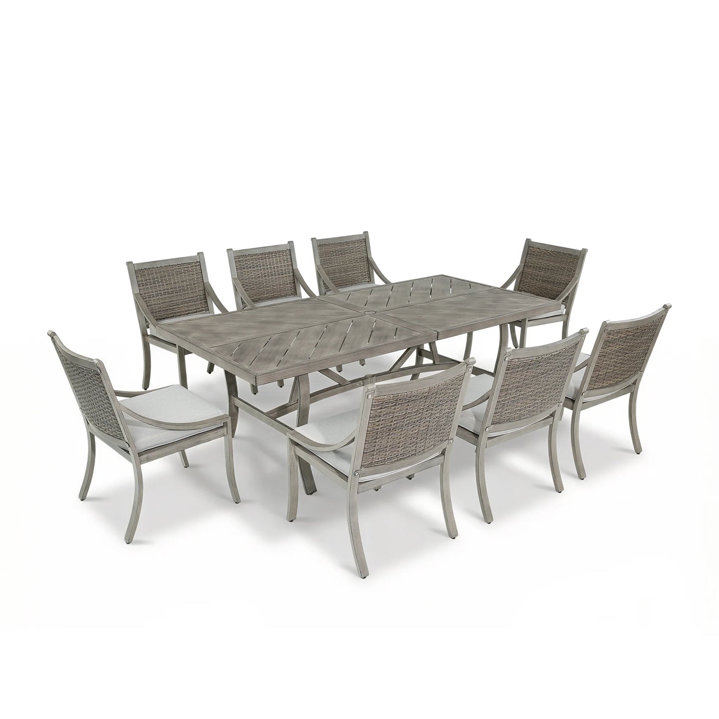 Outdoor dining set with a rectangular table and eight chairs on a white background