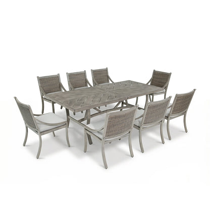 Outdoor dining set with a rectangular table and eight chairs on a white background