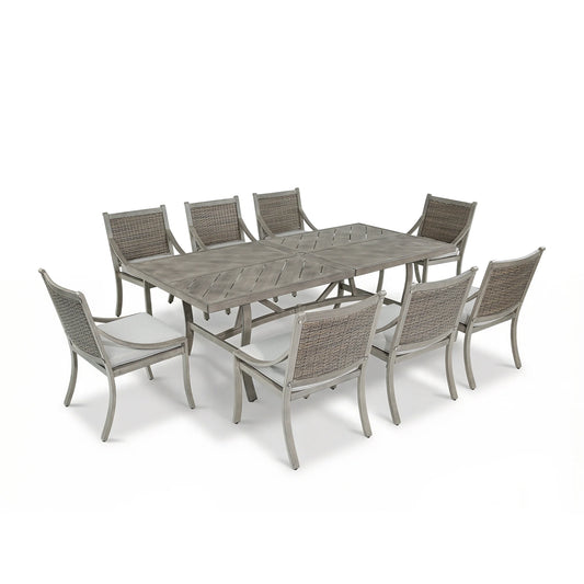 Outdoor dining set with a rectangular table and eight chairs on a white background