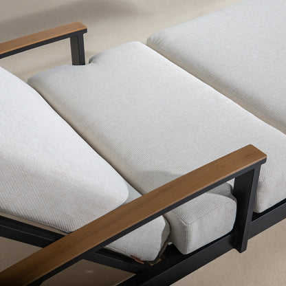 Sofa with wooden armrests and black frames on a beige background