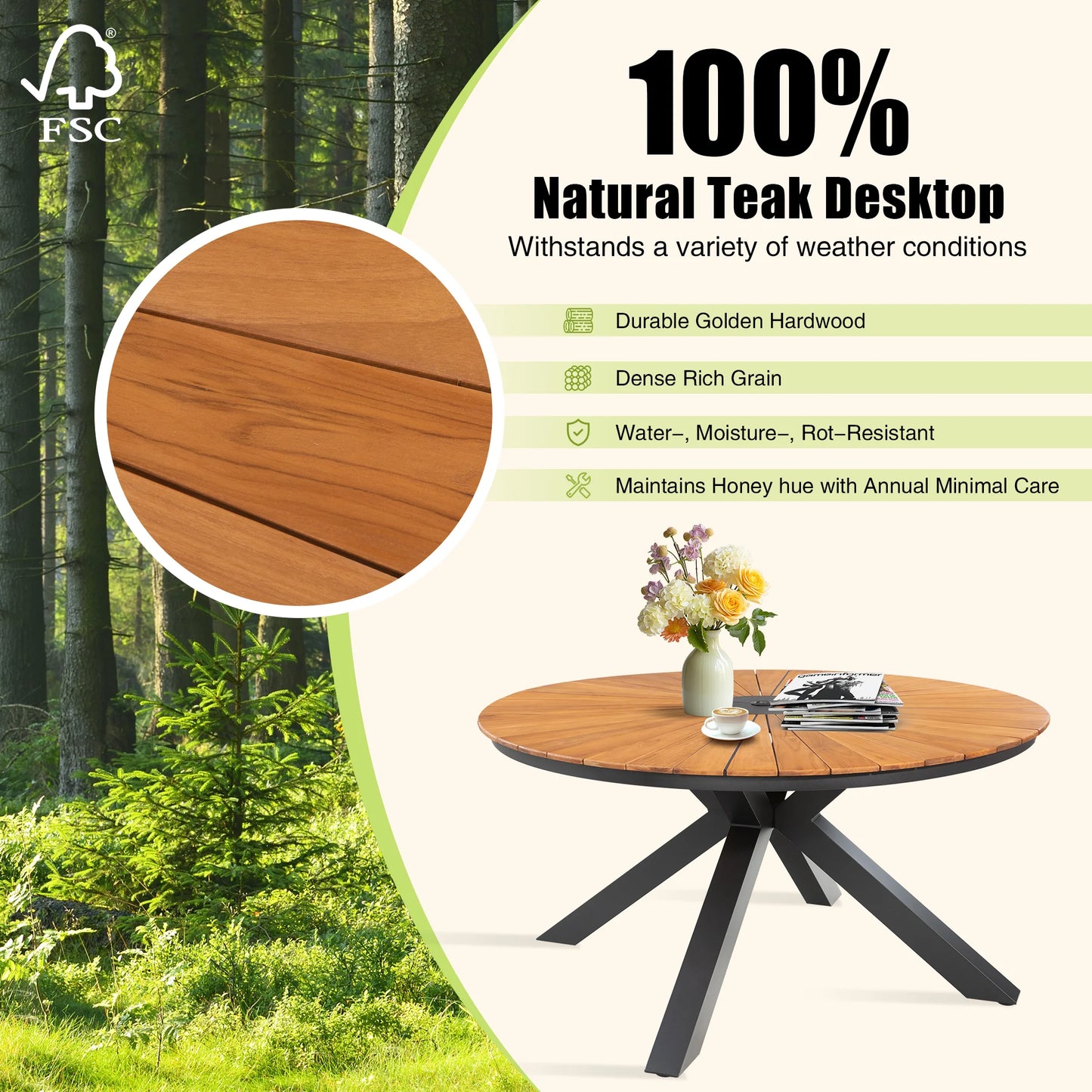 PEAKHOME Nuova Patio Teak Round Dining Set With Textilene Chair