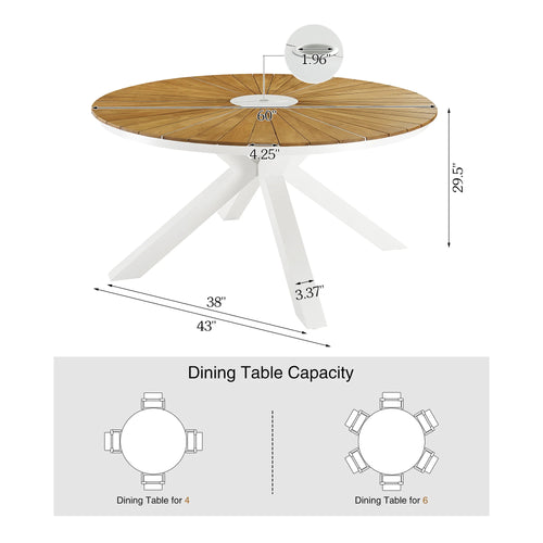 PEAKHOME Nuova Outdoor Dining Set With 60" Round Teak Table and Stackable Chairs