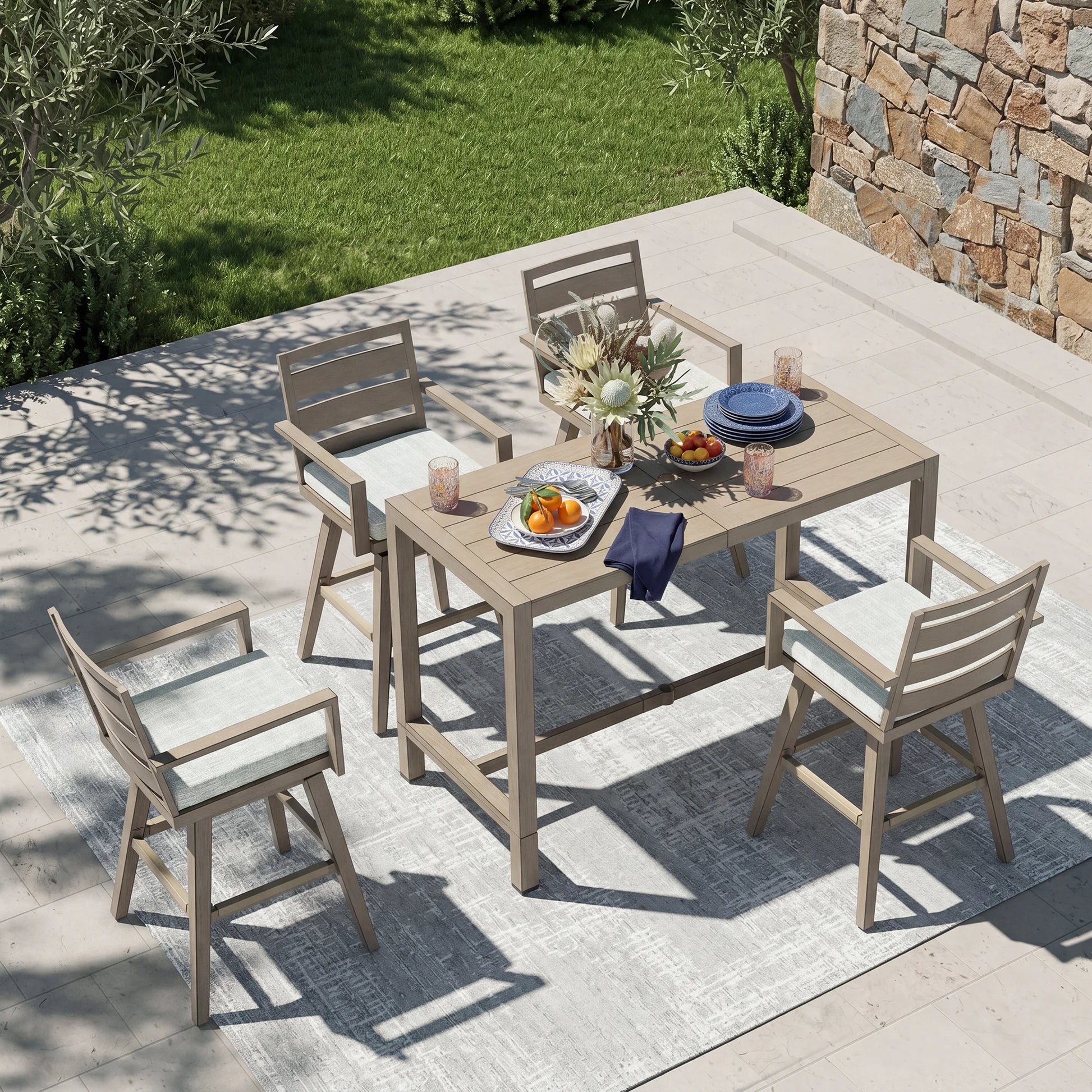 Outdoor Bar Height Patio Dining Set | Aluminum Counter Height Table + 4 Swivel Bar Chairs with Cushions, Weather Resistant Teak Look High Top Dining Set