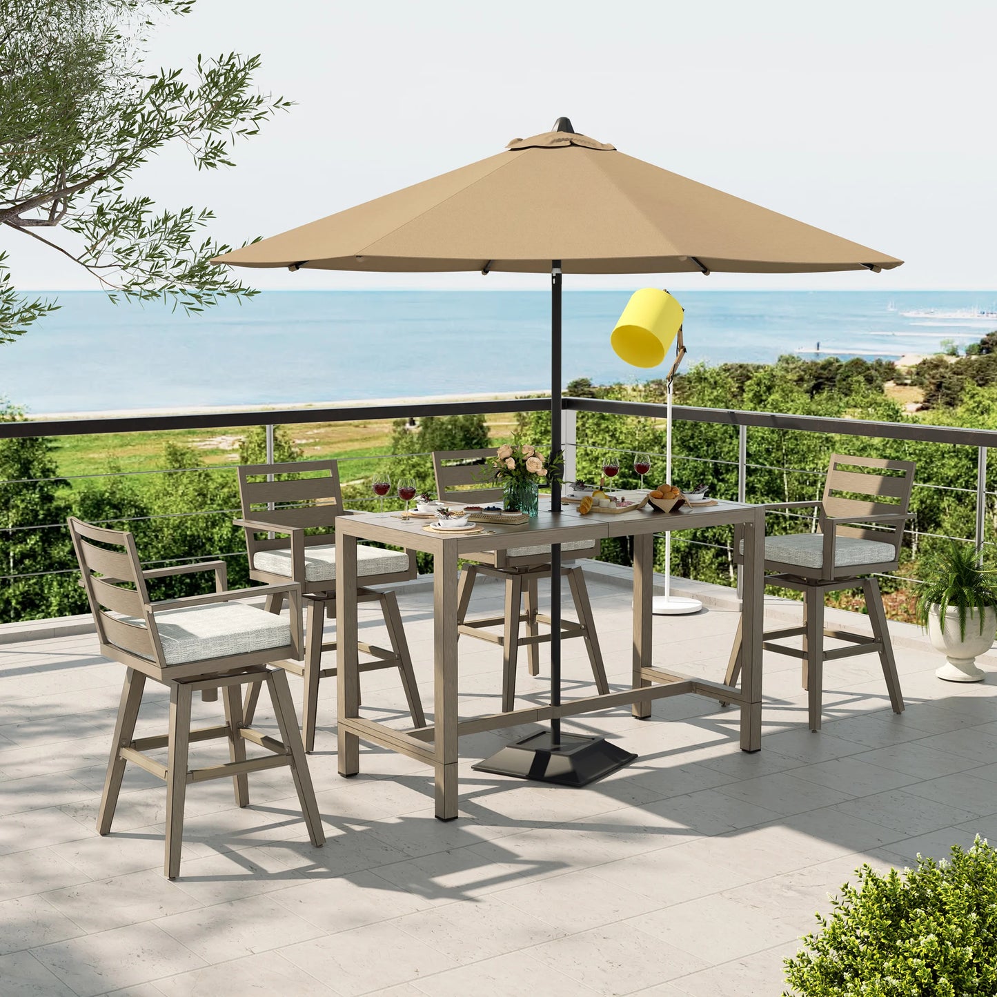 Winston Patio Bar Table and 4 Swivel Bar Stools