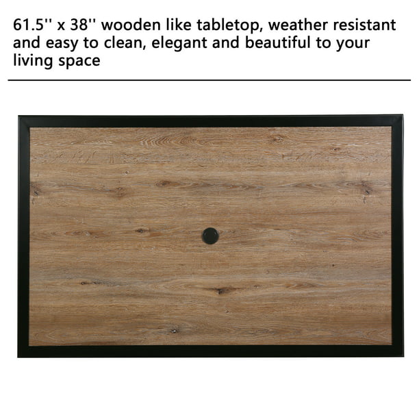 Patio Outdoor 61.5" Rectangular Dining Table, Metal Frame & Wood-Like Tabletop with 1.57” Umbrella Hole for 6 Person