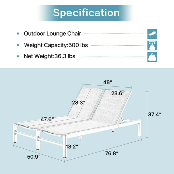 Patio Aluminum Double Textilene Chaise Lounge Outdoor Adjustable Recliner Chairs with Wheels (Mist)