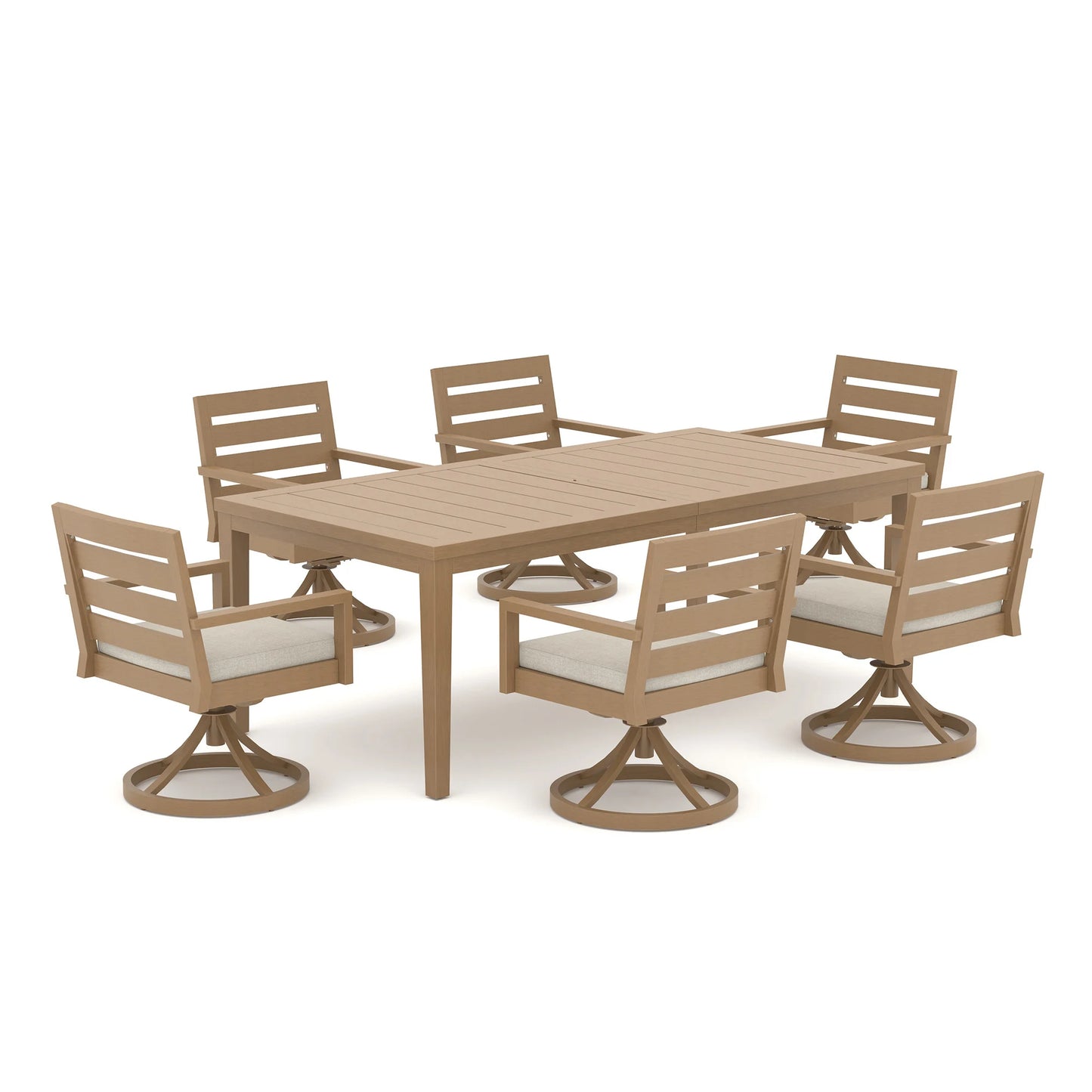 Studio white background view of the Alcudia 7-piece outdoor dining set featuring a rectangular table and six matching 360-degree swivel rocker chairs with cream cushions.