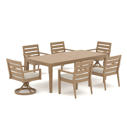 Studio white background view of the Alcudia 7-piece aluminum outdoor dining set showcasing 4 classic stationary armchairs and 2 swivel rocker end-chairs arranged around the rectangular table.