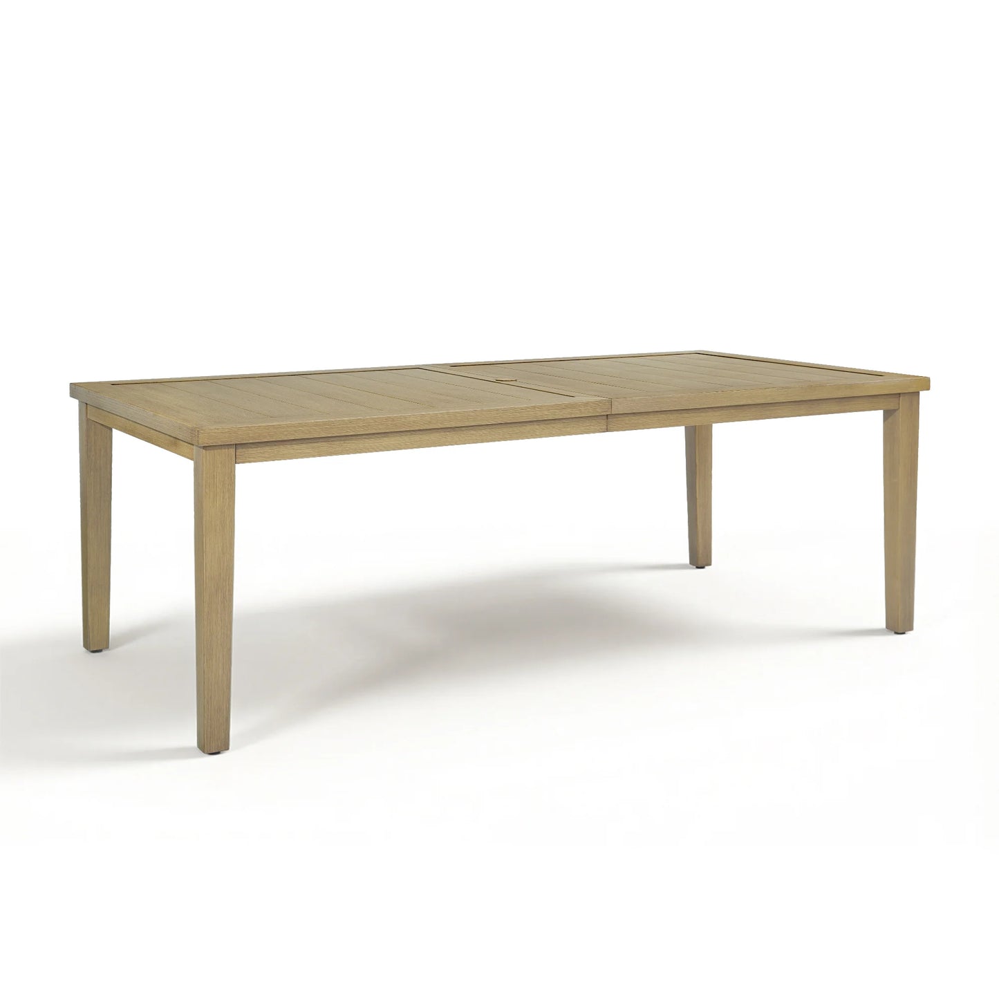 Full view of the Alcudia modern aluminum outdoor dining table with a wood-look surface isolated on a white background.