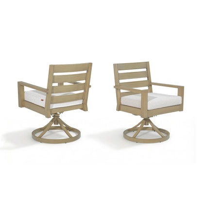 Front and back perspectives of two Alcudia swivel glider outdoor armchairs with a faux wood grain finish isolated on a pure white background.