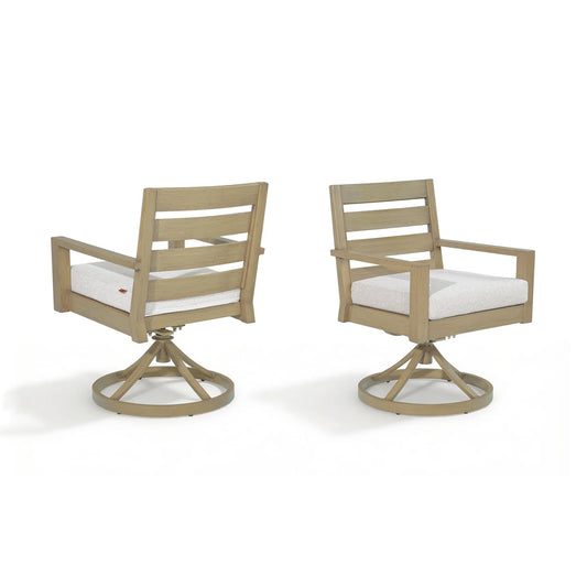 Front and back perspectives of two Alcudia swivel glider outdoor armchairs with a faux wood grain finish isolated on a pure white background.