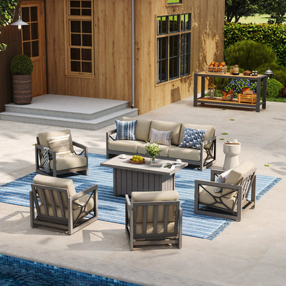 A bright poolside patio showcasing an all-weather outdoor living room layout with the Marindo 7-passenger aluminum sofa and club chair set arranged over a blue striped rug during the day.