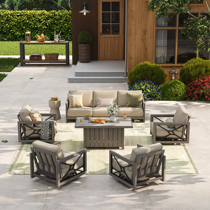 A bright poolside patio showcasing an all-weather outdoor living room layout with the Marindo 7-passenger aluminum sofa set, featuring four swivel chairs arranged over a green-tinted rug during the day.