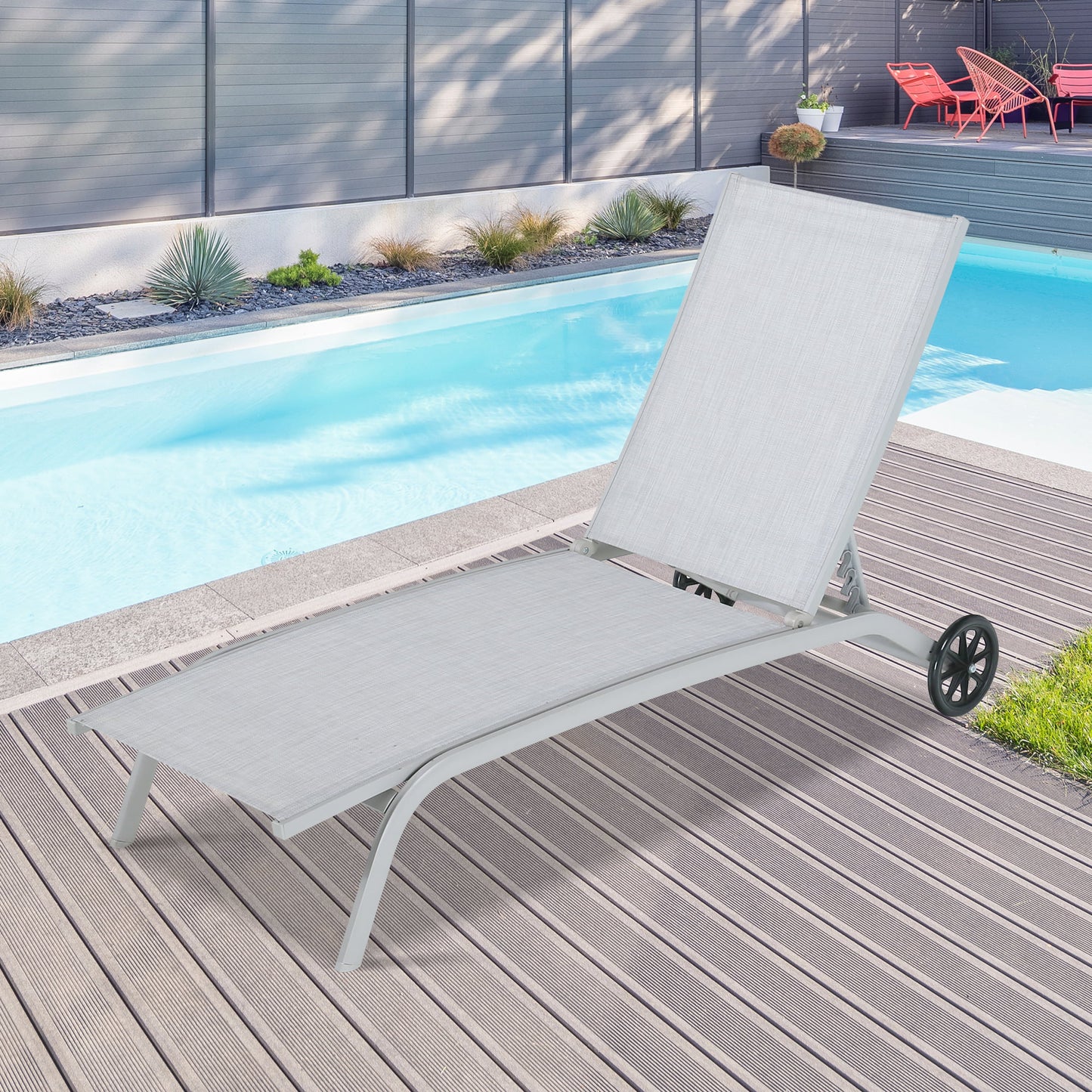 1 Piece Outdoor Patio Aluminum Textilene Sling Adjustable Reclining Chaise Lounge Chair (Light Gray)