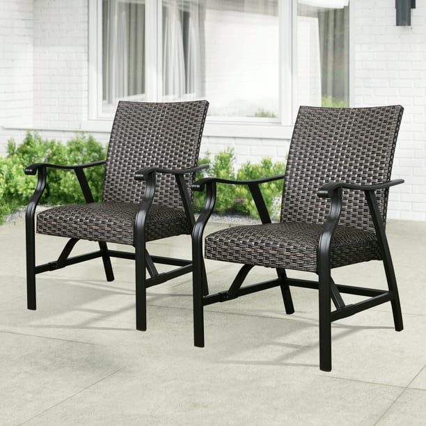 2-Piece Patio Rattan Ding Chairs Outdoor Wicker Motion Rocking Chairs with Armrest and Padded with Dry Quick Foam